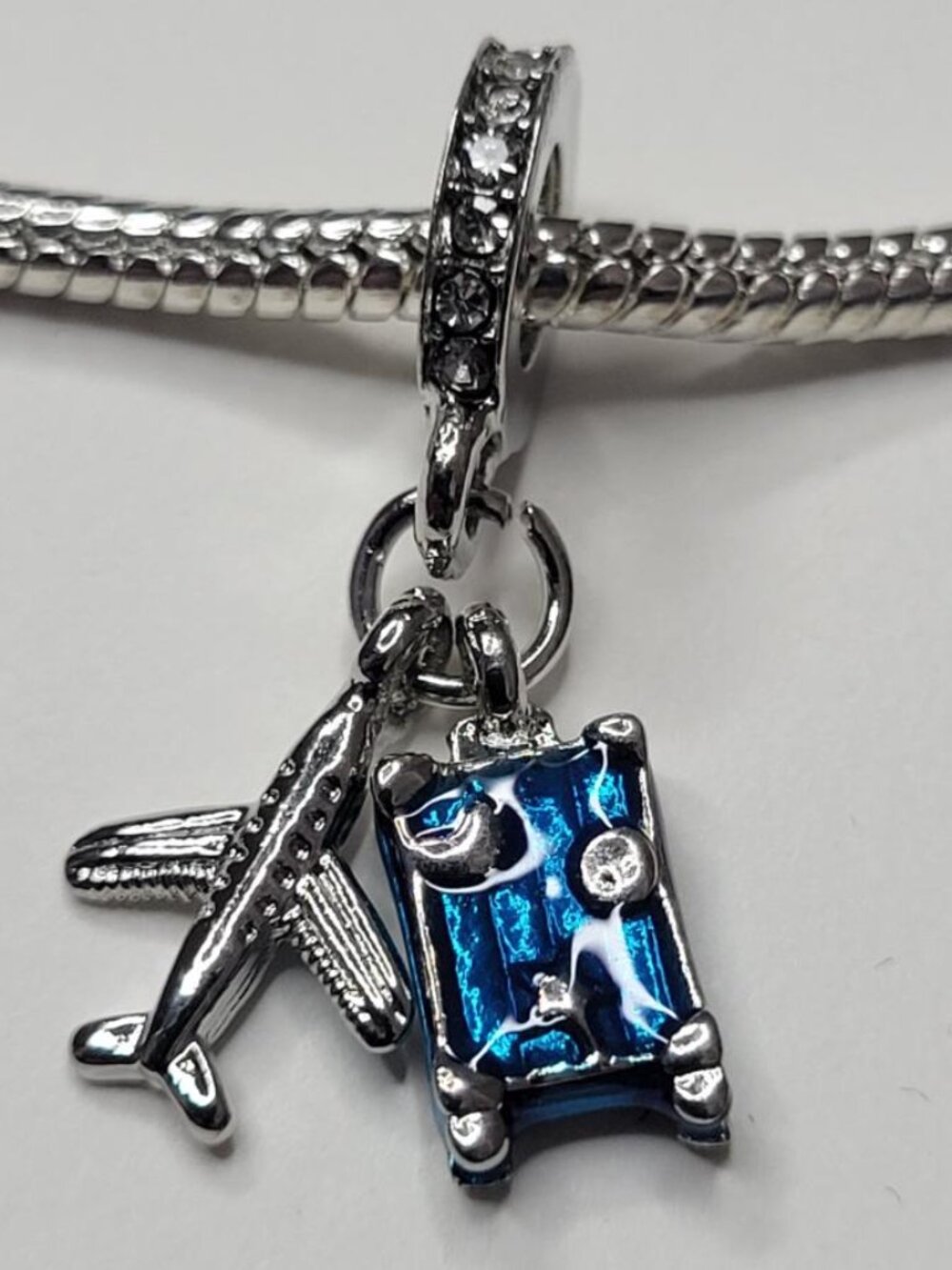 NWT For Pandora Charm Bracelet Blue Silver Color Airplane Suitcase Dangle Charm